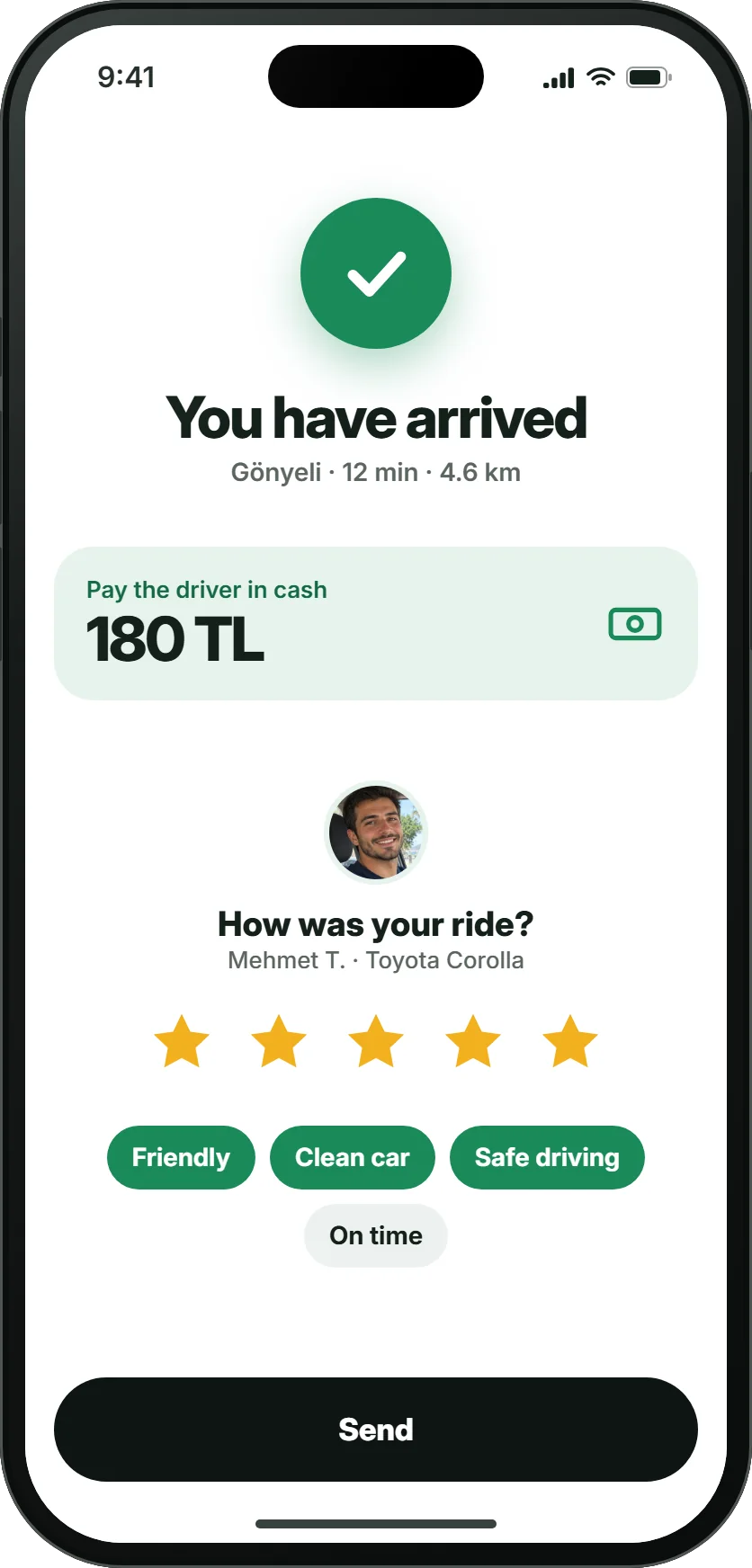 Hade end-of-ride screen: 'You have arrived', 180 TL to pay the driver in cash, a five-star rating and thank-you tags