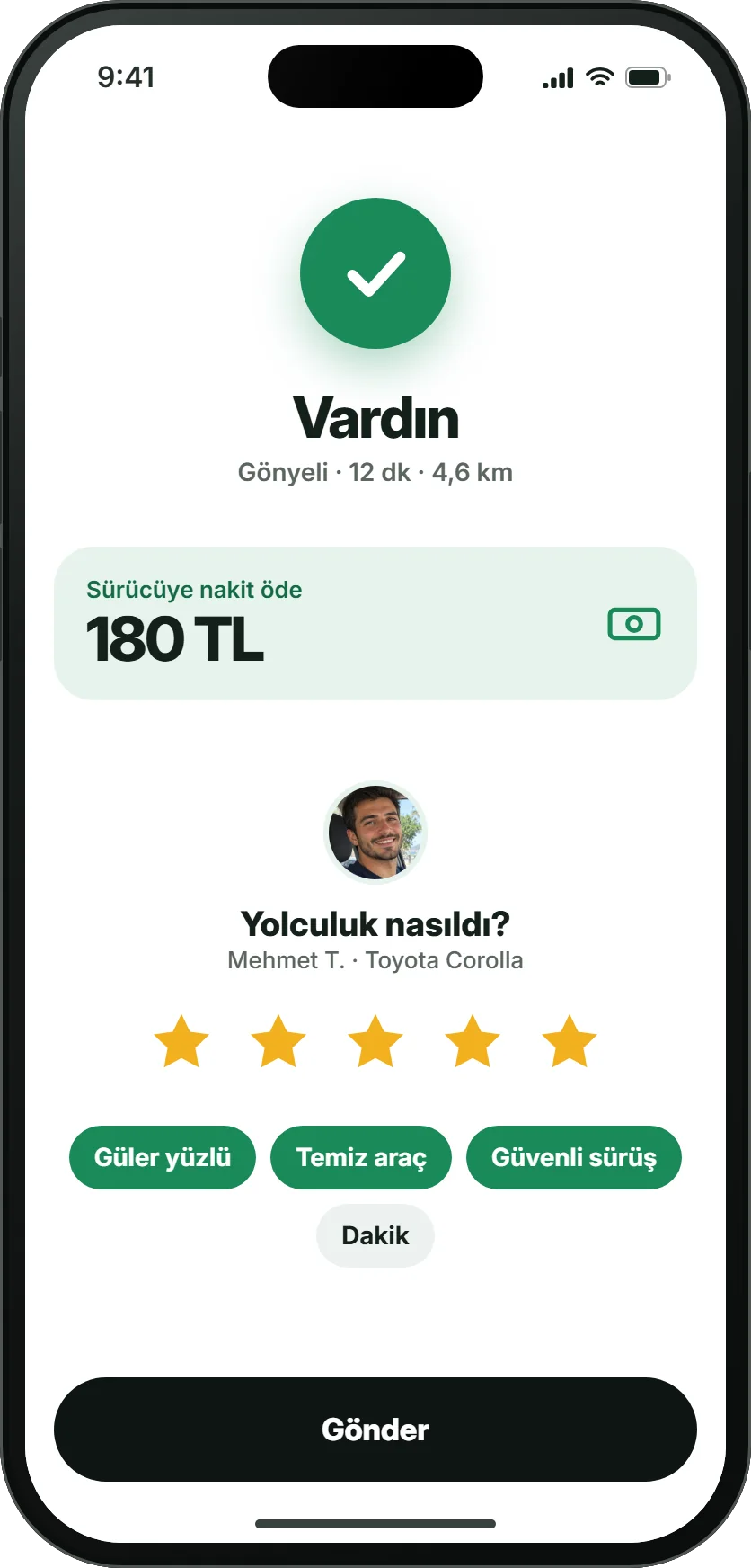 Hade yolculuk sonu ekranı: 'Vardın', sürücüye nakit ödenecek 180 TL, beş yıldızlı puanlama ve teşekkür etiketleri