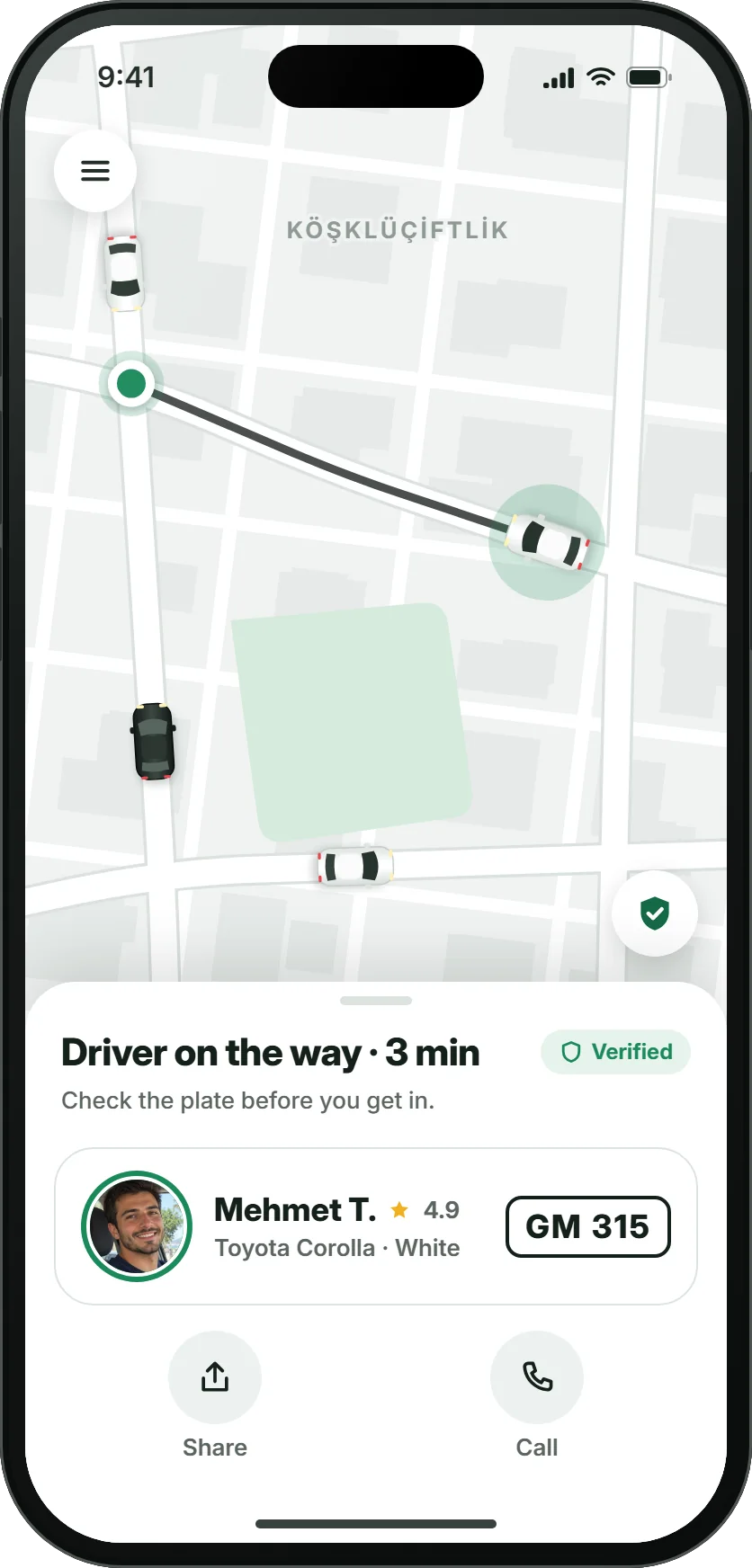 Hade driver card: 'Driver on the way · 3 min', a Verified badge, the driver's photo, name, rating, car and the GM 315 plate; Share and Call buttons below and the safety shield on the map