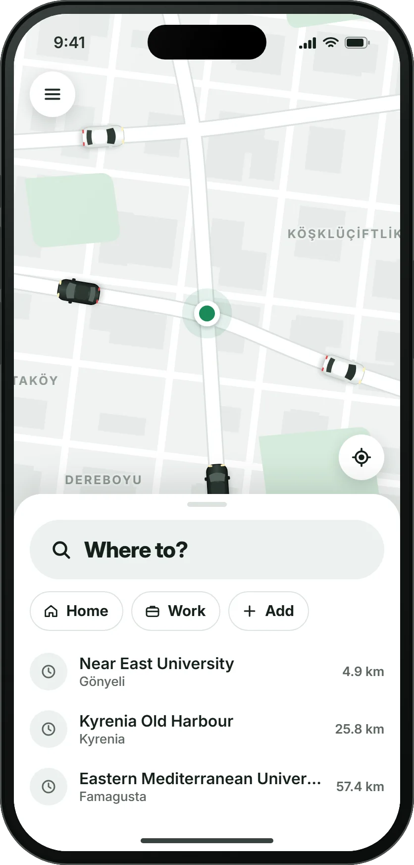 Hade app home screen: full-screen map with nearby cars, a large 'Where to?' search at the bottom, Home, Work and Add shortcuts and recent places