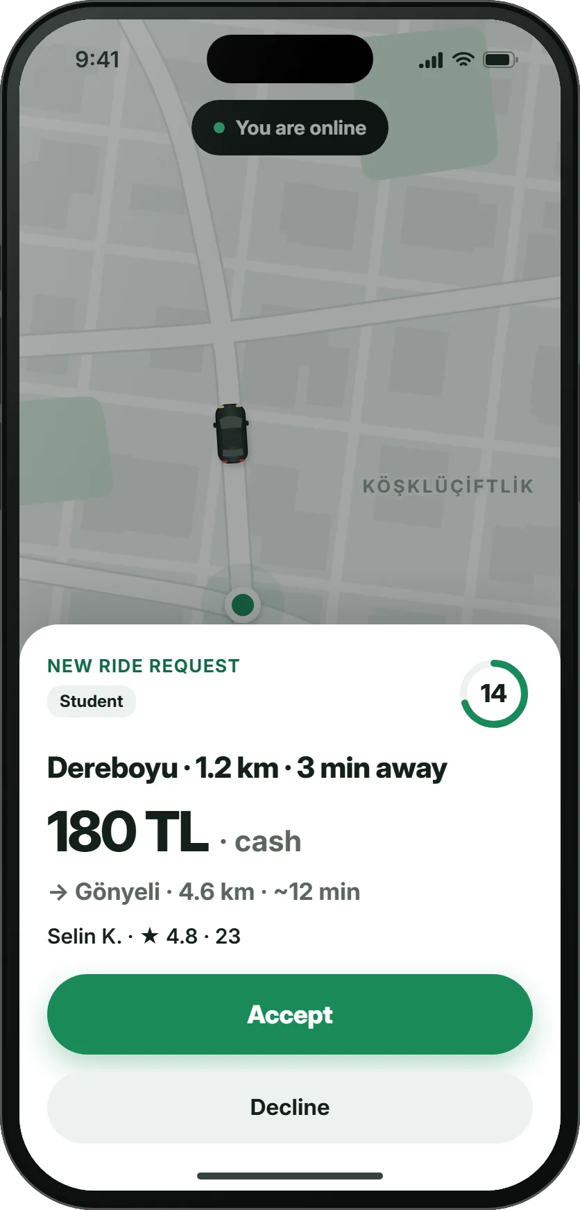 Hade driver mode: an incoming request card with pickup distance, a 180 TL cash contribution, destination, the rider's rating, a 20-second countdown, Accept and Decline buttons