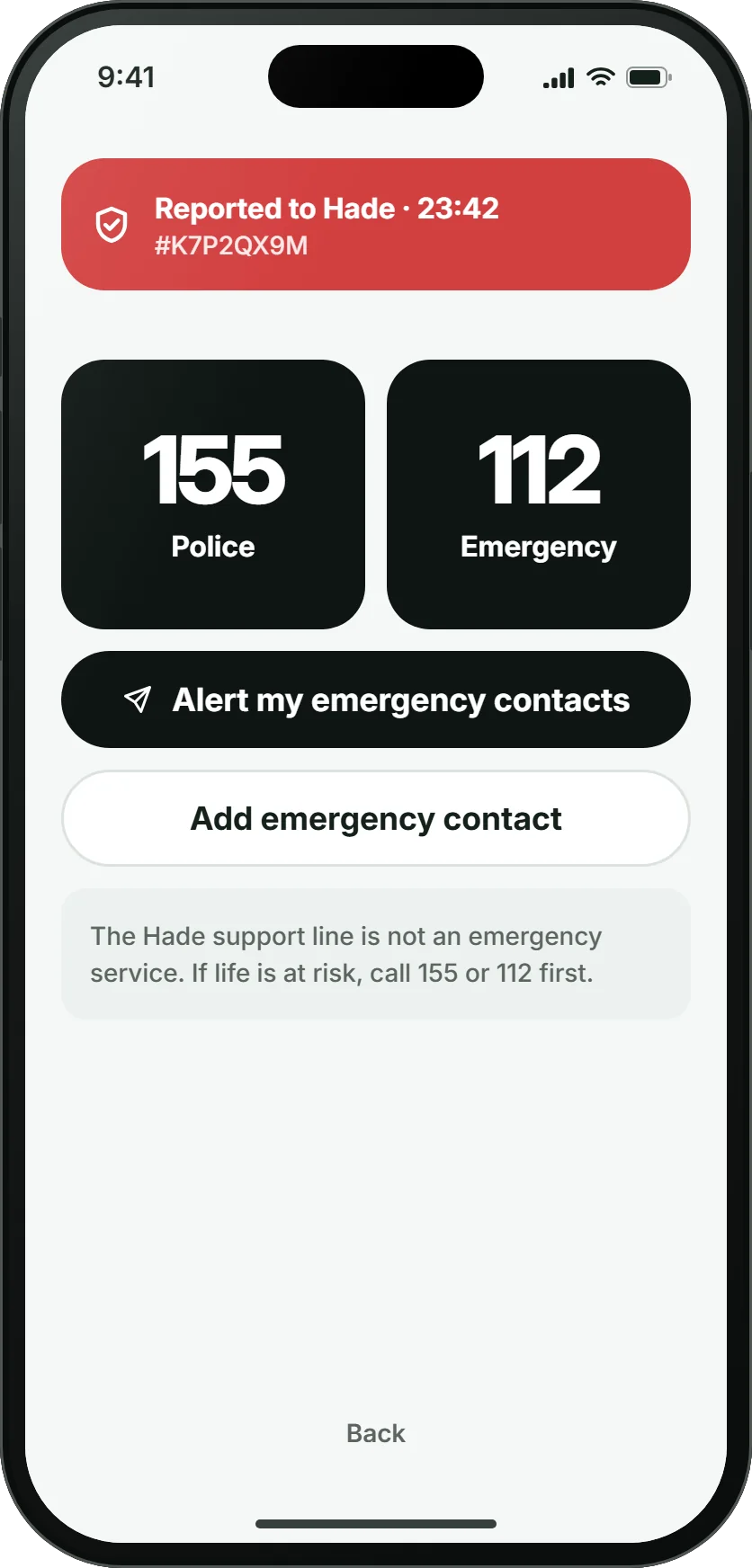 Hade safety screen: a 'Reported to Hade' notice, large Police 155 and Emergency 112 buttons, and a button to alert emergency contacts